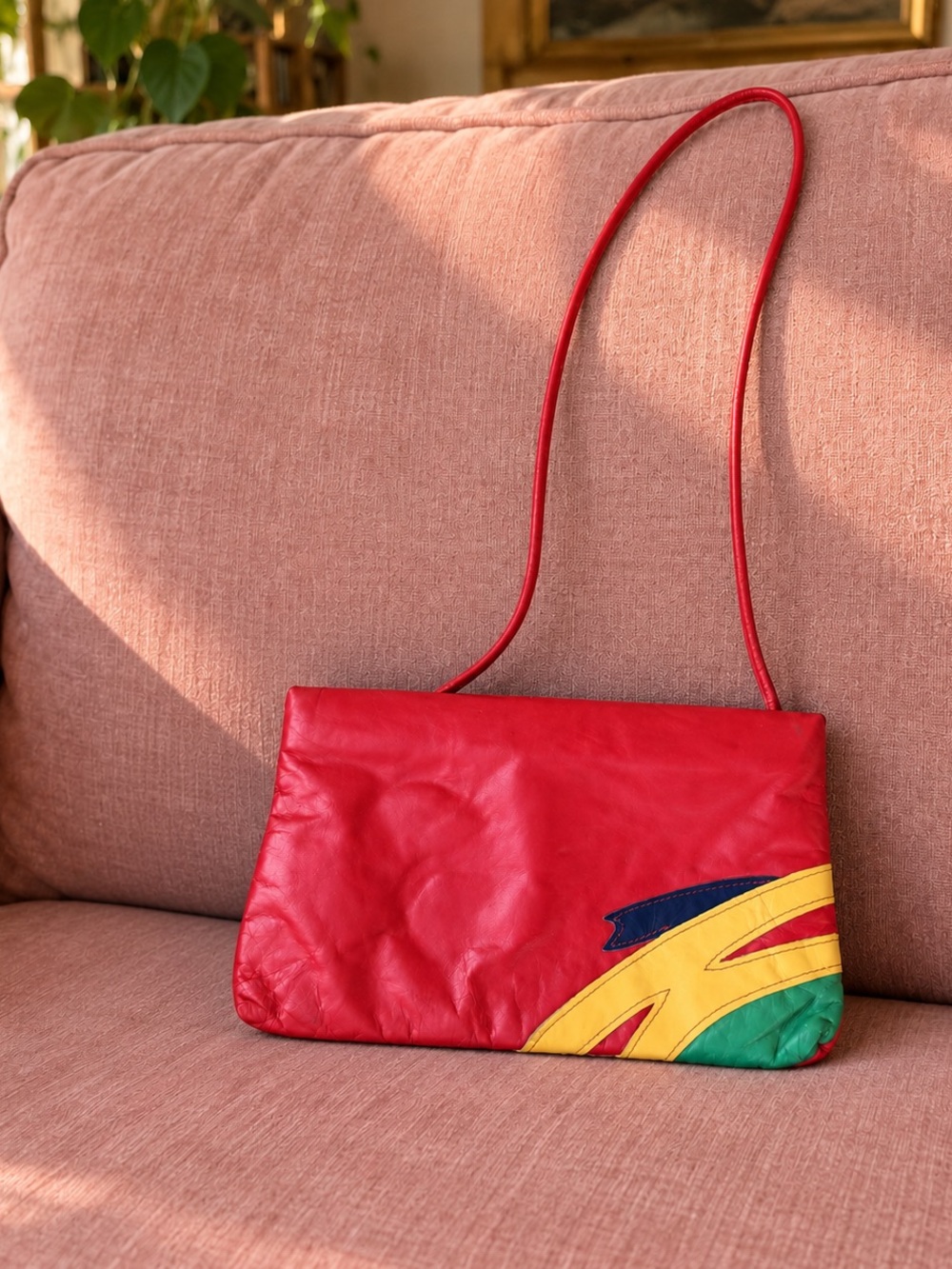 Vintage Red Leather Colorblock Geometric Shoulder Bag